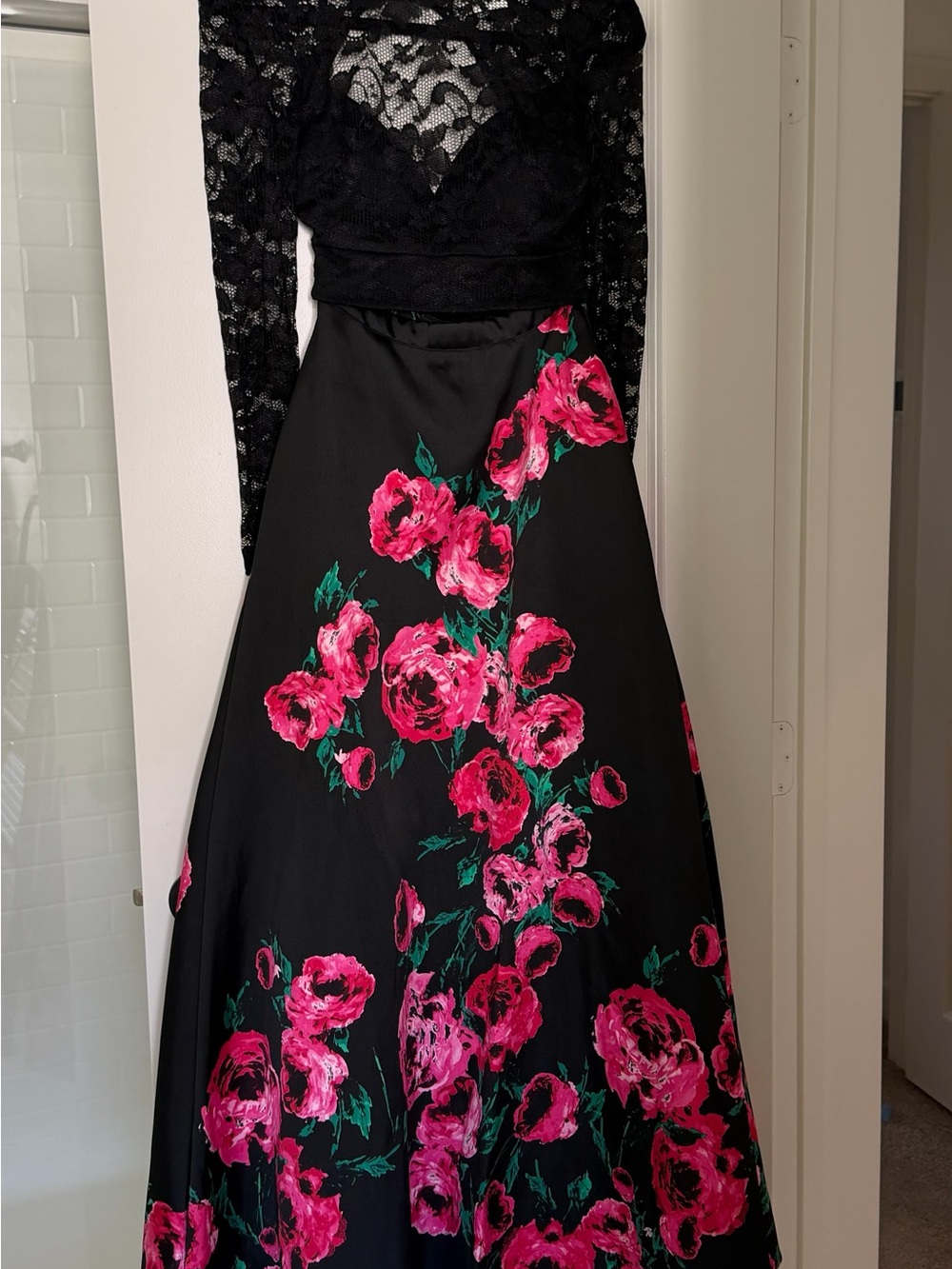 Prom Black Floral Maxi Skirt with Pink Rose Print